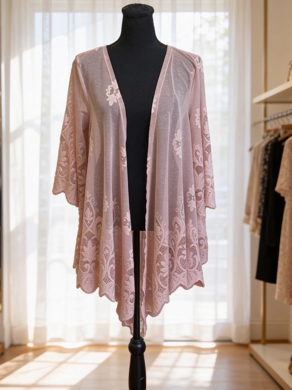Sheer Pink Lace Floral Kimono - Like New! See Video!